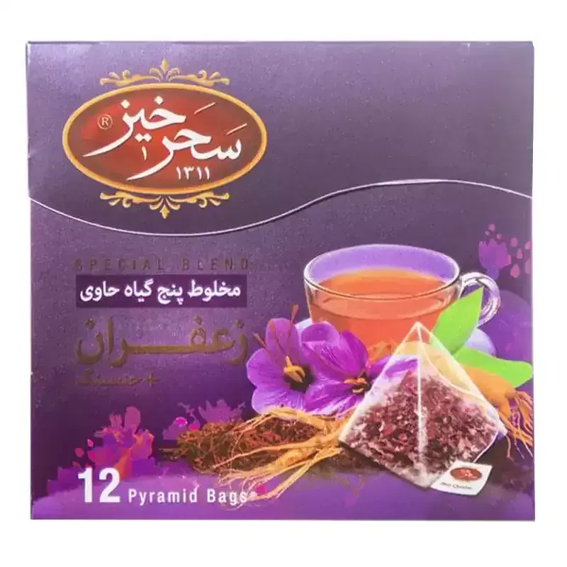 دمنوش گیاهی زعفران و جینسینگ سحرخیز – بسته ۱۲ عددی